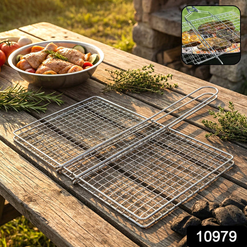 Heavy-duty stainless steel barbecue grill basket with long handle for outdoor grilling