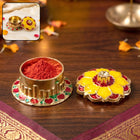 Golden traditional kumkum box for religious pooja rituals