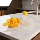 Juicer with dome lid closed, placed on kitchen countertop
