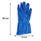 Blue rubber gloves showing size dimensions