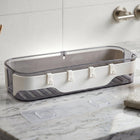 Wall-mounted transparent bathroom storage shelf with hooks for towels and toiletries